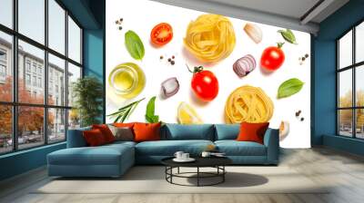 Italian cuisine concept - raw pasta and ingredients. Healthy vegetarian diet, isolated on white Wall mural