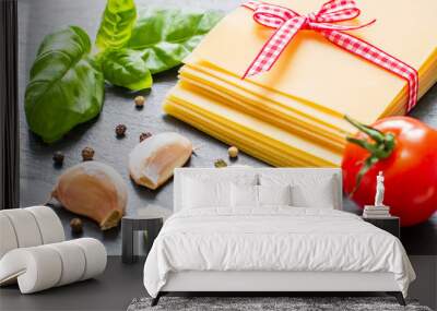 Lasagne ingredients on stone background Wall mural