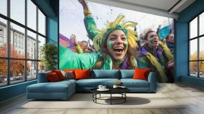 Mardi gras concept - happy people celebrate and dance during the parade outside Wall mural