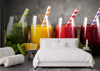 Selection of colorful smoothies and ingredients in glasses, rustic background Wall mural