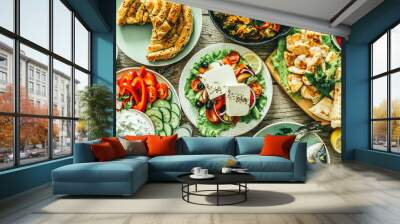 Selection of traditional greek food - salad, meze, pie, fish, tzatziki, dolma on wood background, top view Wall mural