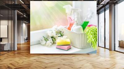 Spring cleaning concept - cleaning supplies and flowers on blur background, copy space Wall mural