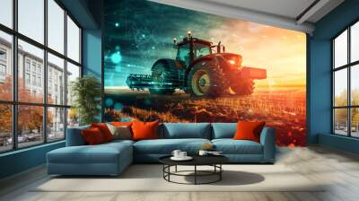 Technology in argiculture concept - modern tractor in the field with neural network Wall mural