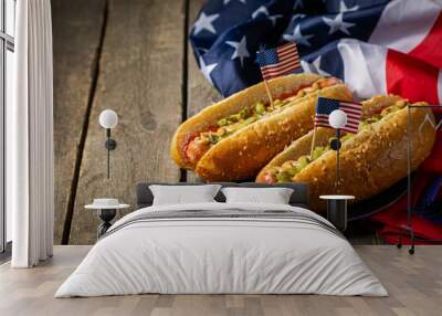 USA national holiday Labor Day, Memorial Day, Flag Day, 4th of July - hot dogs with ketchup and mustard on wood background Wall mural