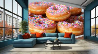 A close-up view of a stack of glazed donuts with colorful sprinkles on a white plate Wall mural