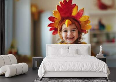 A joyful child dressed in a colorful turkey costume celebrates at home with a cheerful smile and festive decorations Wall mural