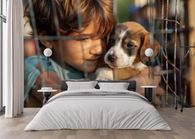 A young boy tenderly holding a puppy in a cage at an animal shelter, showing care and compassion towards the homeless animal. Wall mural