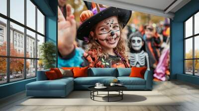 Happy child in witch costume waving at halloween parade Wall mural