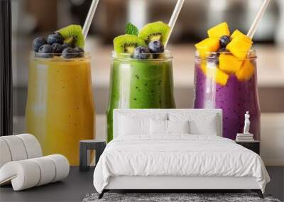 Row of colorful smoothies with fresh fruit toppings, AI generated Wall mural