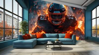 American football player in helmet holding a ball on dark fire flame background. Sport banner with sportsman on stadium in action, in a super bowl game. Wall mural