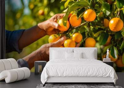 Close up of farmer male hands picking orange or mandarin fruits. Organic food, harvesting and farming concept. Generated AI. Wall mural