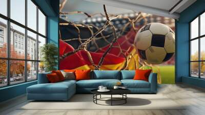 Close up of football ball in the net of goal of stadium on the german flag background. Football europe championship in Germany wide banner concept. Wall mural