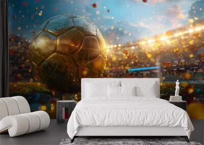 Close up of gold football ball on the grass of stadium field background with confetti. Goal Winning celebration. Football europe championship in Germany wide banner concept with copy space. Wall mural