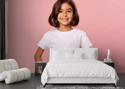 Female child, girl wearing bella canvas white shirt mockup, at pink background. Design tshirt template, print presentation mock-up. AI generated. Wall mural