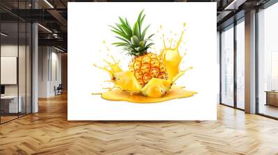 Fresh ripe pineapple, ananas fruits with juice splash, isolated illustration on transparent background. Healthy food and tropical fruit drink, splashing fruit beverage liquid. PNG, cutout. Wall mural