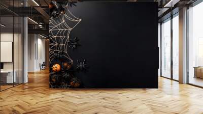 Happy halloween flat lay mockup with spiders, decoration and spider web on black background. Autumn holiday concept composition. Top view with copy space. Generated ai. Wall mural