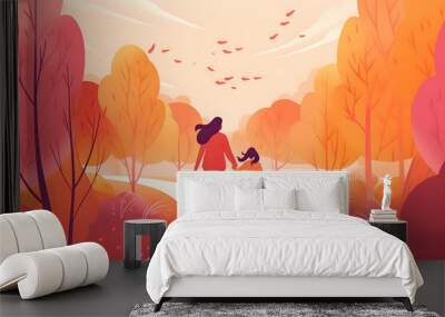 Mother's Day flat illustration with a young mother walks hand in hand with her child in the park, warm colors, bright background. Holiday family concept. Ai generated. Wall mural