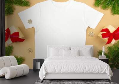 White man or women cotton t-shirt mockup with christmas decoration on craft paper background. Design t shirt template, print presentation mock up. Top view flat lay. Wall mural