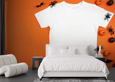 White womens cotton t-shirt halloween mockup with pumpkins, spiders and bats on orange background. Design t shirt template, print presentation mock up. Top view flat lay. Wall mural