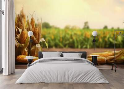 Wooden table with corn on cobs and free space on nature blurred background. Generated AI. Wall mural