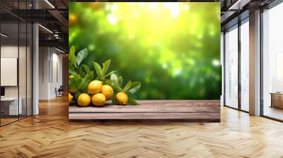 Wooden table with lemon fruits and free space on nature blurred background. Generated AI. Wall mural