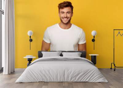 Young man wearing bella canvas white shirt mockup, at yellow background. Design tshirt template, print presentation mock-up. AI generated. Wall mural