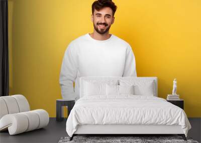 Young man wearing white sweatshirt mockup, at yellow background. Design pullover template, print presentation mock-up. AI generated. Wall mural