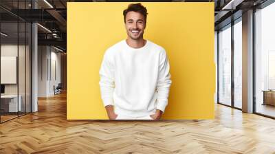 Young man wearing white sweatshirt mockup, at yellow background. Design pullover template, print presentation mock-up. AI generated. Wall mural