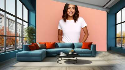 Young woman wearing bella canvas white shirt mockup, at beige background. Design tshirt template, print presentation mock-up. AI generated. Wall mural