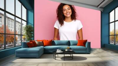 Young woman wearing bella canvas white shirt mockup, at pink background. Design tshirt template, print presentation mock-up. AI generated. Wall mural