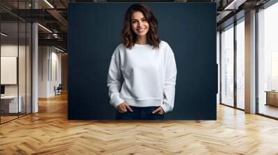 Young woman wearing white sweatshirt mockup, at dark blue background. Design pullover template, print presentation mock-up. Generated AI. Wall mural