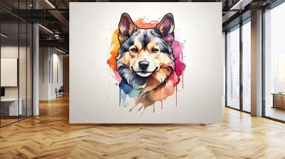 the face of a multi-colored Dog on white background. Watercolor paints, Airbrushed t-shirt design of a majestic dog with colorful paint splashes Wall mural