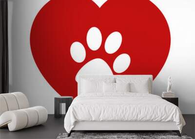 Animal love symbol red heart and paw icon sign. Wall mural