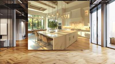 A luxurious, open-concept kitchen with a large island, designer lighting, and a seamless flow into the dining area, more clarity with clear light and sharp focus, super detailed Wall mural