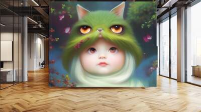 Fantasy land with cute little girl with a green cat hood in the forest, created with Ai generative tools Wall mural