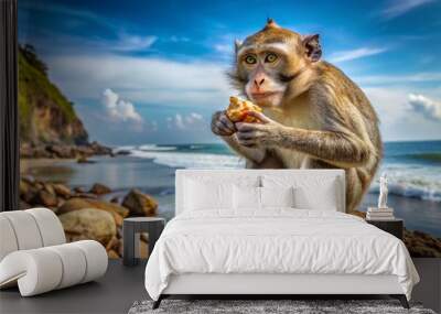 A monkey enjoys a snack on a beach rock, with waves and a beautiful sky in the background, showcasing nature's charm. Wall mural