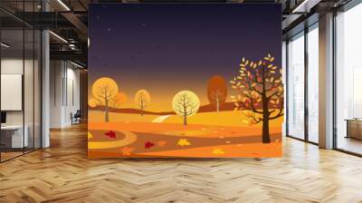 Autumn landscape forest trees with full moon and stars at night,Vector cartoon Panoramic of mid autumn field, mountains, leaves falling from trees in orange foliage.Wonderland landscape in fall season Wall mural