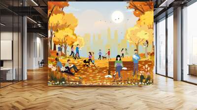 Autumn landscape in city park with happy people having fun, family walking the dog,boy talking on phone, man reading news paper and a girl sitting on bench having coffee reading book in orange foliage Wall mural