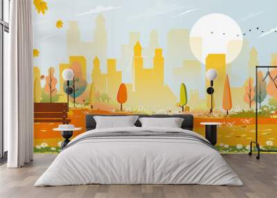 Autumn landscape with building city with blue sky behind the park,Vector illustration cartoon Fall season at the town in the morning,Cityscape natural garden with wood bench,  flower in public park Wall mural