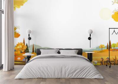 Autumn landscape with forest tree on white background,Cartoon Scene Fall Season Mountain,Meadow,Orange Foliage,Vector nature with grass field,maple tree,farm land in countryside Wall mural