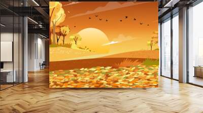 Autumn landscape wonderland forest with grass land, Mid autumn natural in orange foliage, Fall season with beautiful panoramic view with sunset behind mountain and maples leaves falling from trees Wall mural