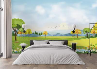 Blue sky with cloud, lake and farmland in countryside on spring,Village with grass land, skyline with sun rays in evening summer.Natural horizontal Concept for spring in morning or summer in evening Wall mural