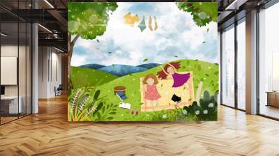 cartoon of two little girl lying down on green grass in the park, Landscape spring field with happy kids laying on the grass in sunny day. illustration Children playing outdoor in spring or summer Wall mural