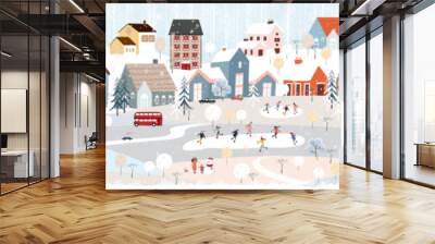 Christmas background,Winter Landscape in Christmas eves at night in City,Vector cute cartoon Winter Wonderland in the town,People celebration in the park on New Year,Banner Design for Holiday season Wall mural