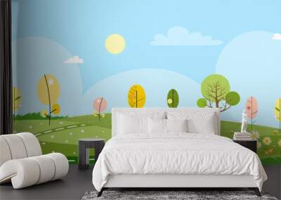 Cute cartoon panorama landscape of Spring field and spring flowers with family bee flying, Lovely card with sun shine, cloud and honey Bee collecting pollen on flowers in sunny day, Summer background Wall mural