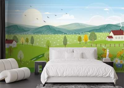 Cute cartoon panorama landscape of Spring field and wild flowers with family bee flying, Lovely card with sun shine, cloud and honey bee collecting pollen on flowers in sunny day, Summer background Wall mural