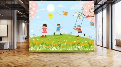 Cute cartoon Spring landscape with little boy playing swing under the tree, other kids flying kite and balloon. Vector spring scene with family, children and birds standing on cherry blossom branches. Wall mural