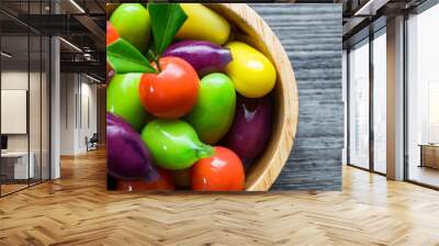 Deletable Imitation fruits in wood and ceramic bowl Wall mural