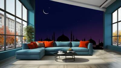 Eid al Adha Mubarak card with Silhouette Dome Mosques at dark night with crescent moon and star sky,Vector banner background for Islamic religions ,Eid al fitr, Happy muharram, Islamic new year Happy Wall mural