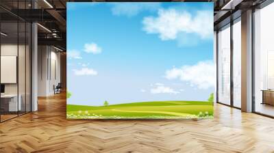 Environmental background,Spring landscape with tree flower in park,Vector illustration village scene green grass meadow on hill with cloud blue sky,Nature Farm lawn field in garden in sunny day summer Wall mural